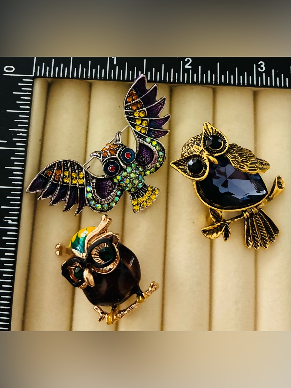 3pcs Owl Theme Brooch Crystal Enamel Mixed Metal